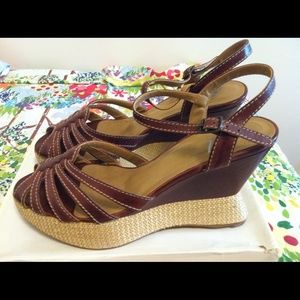 Designer - SOL Brown Leather Open Toe Platform Wedge Sandals
